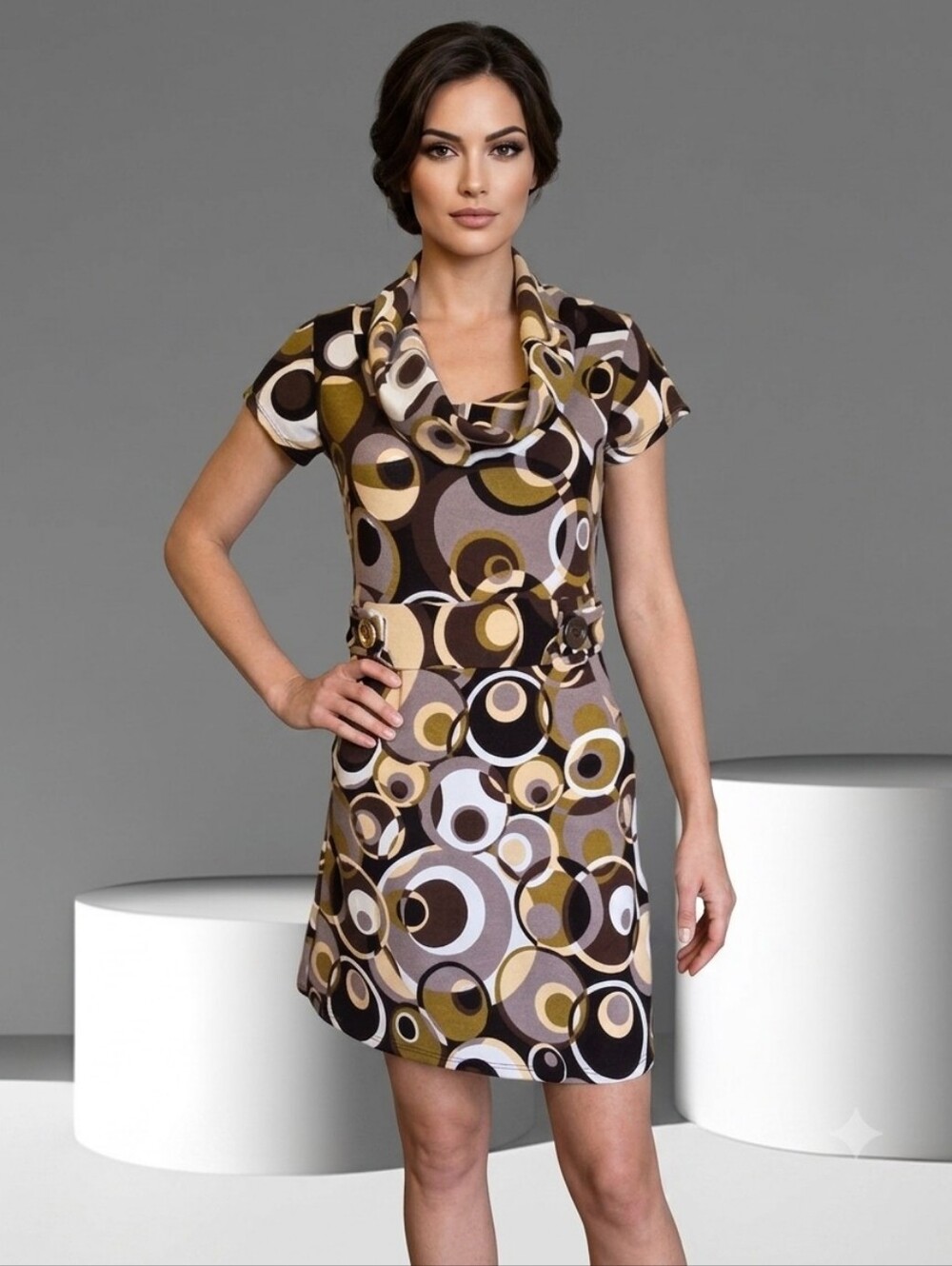 Kali Women's Multicolor Geometric Spots Cowl Neck Tunic Dress